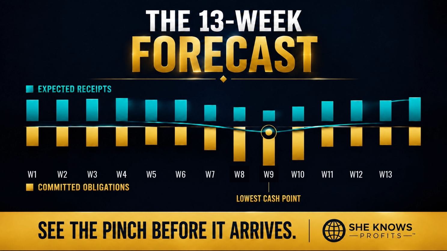 The 13-week forecast: expected receipts versus committed obligations, lowest cash point at week 9